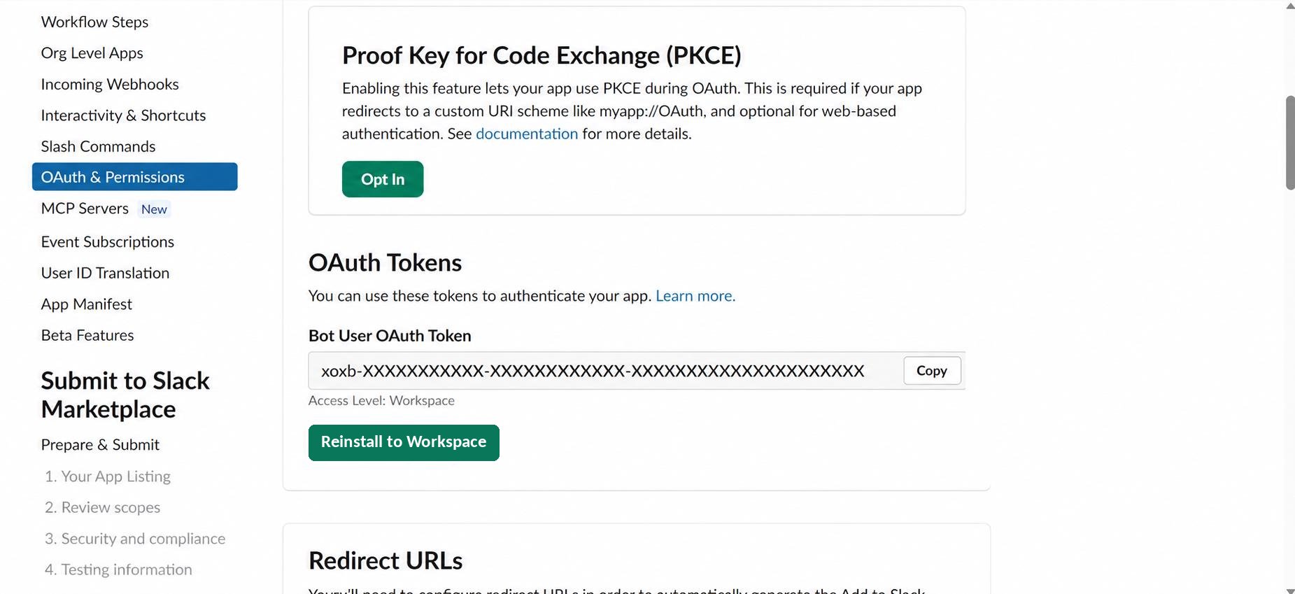 Slack OAuth & Permissions page showing the Bot User OAuth Token field with a Copy button
