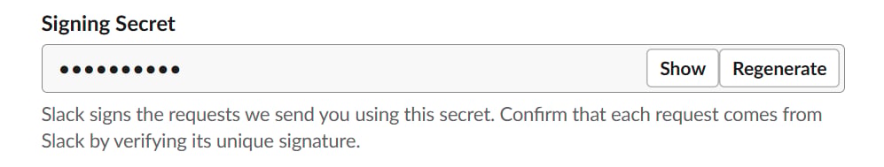 Slack App Credentials section with the Signing Secret field