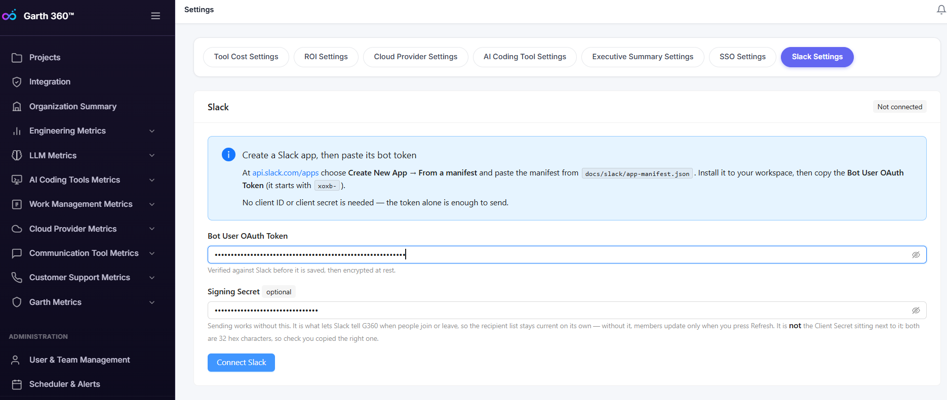 G360 Slack Settings page with Bot User OAuth Token and Signing Secret fields and a Connect Slack button
