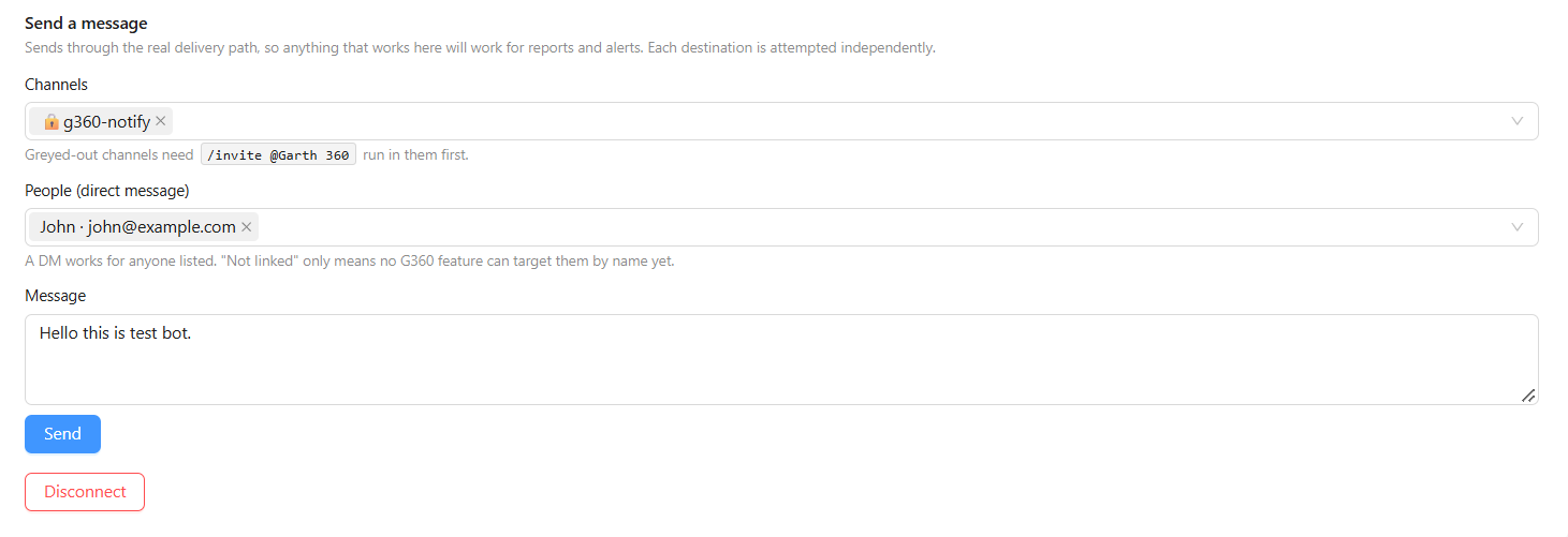 G360 Send a message panel with a private channel and one person selected and a test message