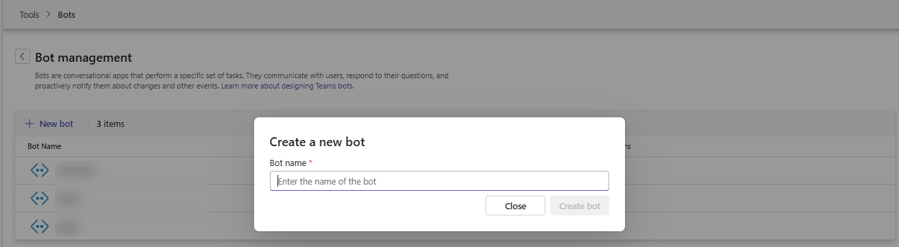 Teams Developer Portal Bot management page with the New Bot dialog