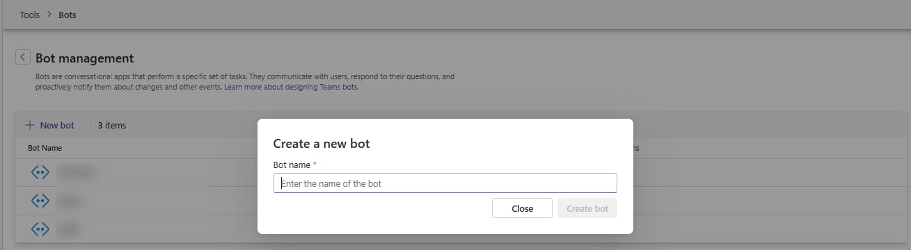 Teams Developer Portal Bot management page with the New Bot dialog