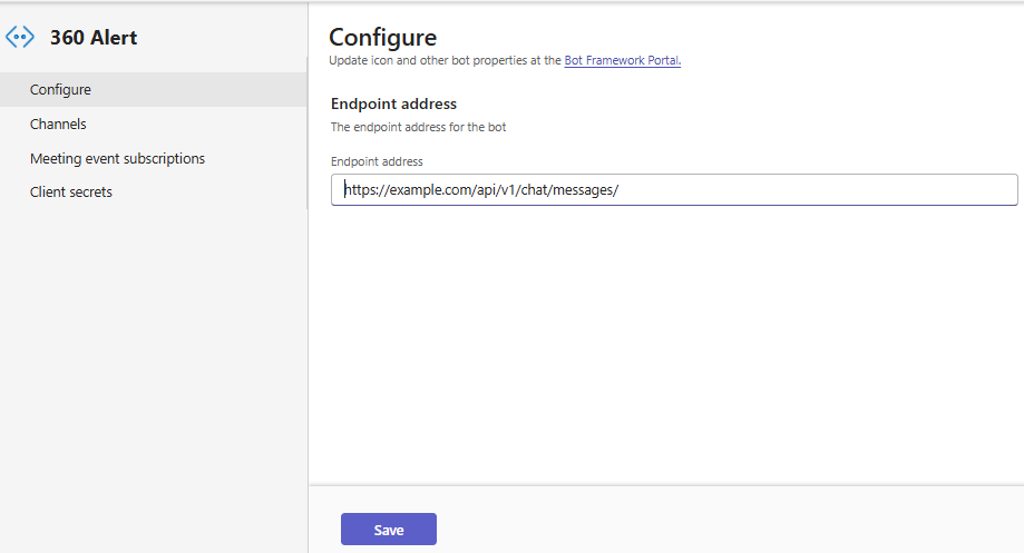 Bot Configure page with the Endpoint address field