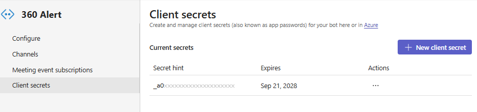 Bot Client secrets page listing a secret hint and its expiry date