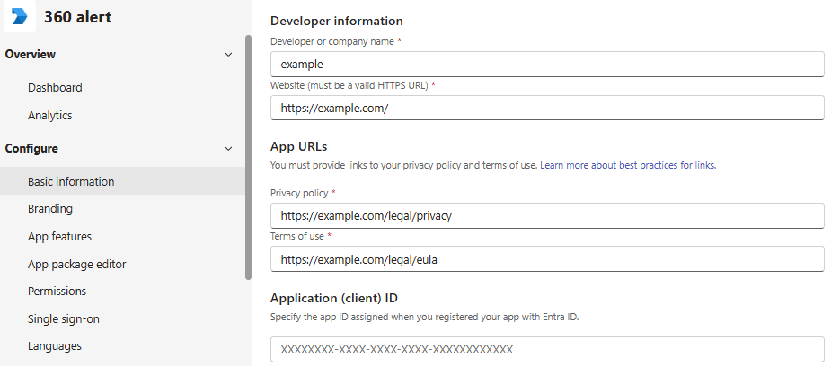 Basic information page with app names, descriptions, and developer details