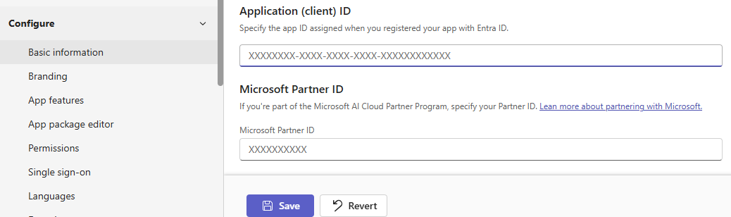 Application (client) ID field on the Basic information page
