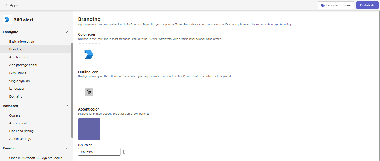 Branding page with color icon and outline icon upload fields
