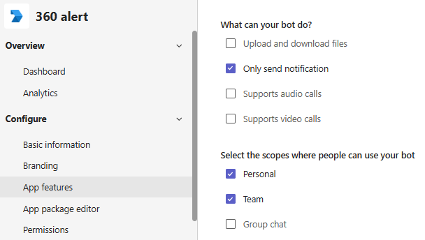 Bot scopes with Personal and Team selected
