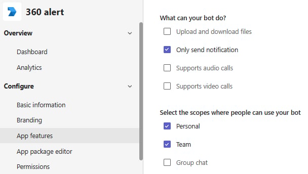 Bot scopes with Personal and Team selected