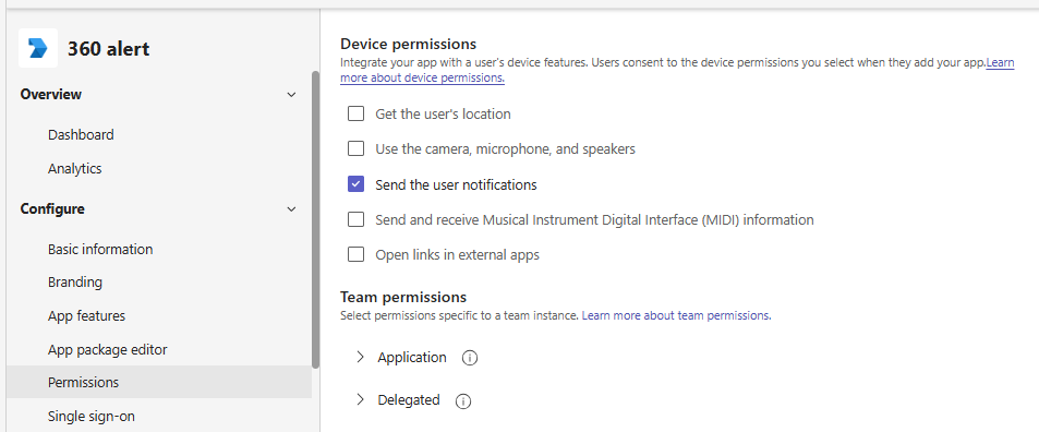 Permissions page with TeamMember.Read.Group selected under team application permissions