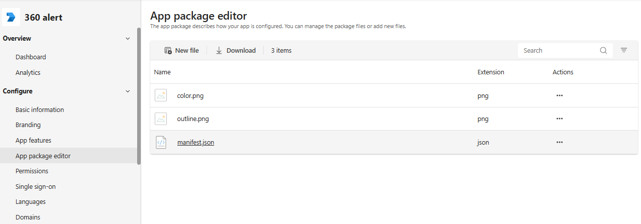 App package editor showing manifest.json