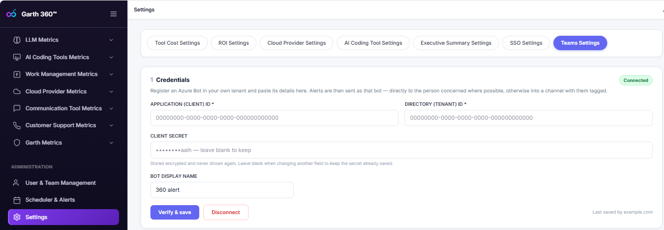 G360 Teams Settings credentials section with client ID, tenant ID, client secret, and bot display name fields