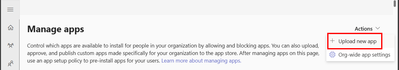 Teams admin center Manage apps page with the Upload new app option