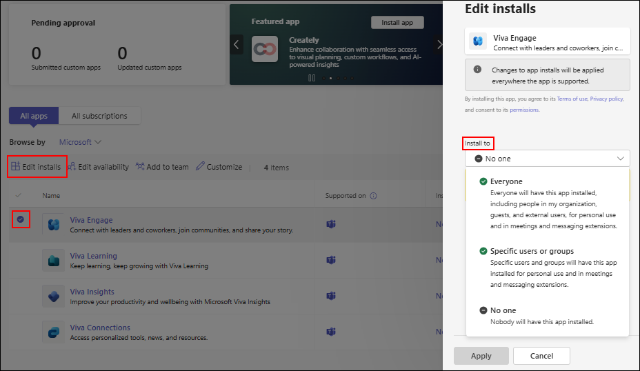 Edit installs panel for an app in the Teams admin center
