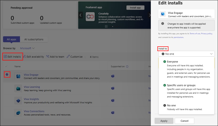 Edit installs panel for an app in the Teams admin center