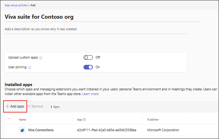 Add installed apps panel in a Teams app setup policy