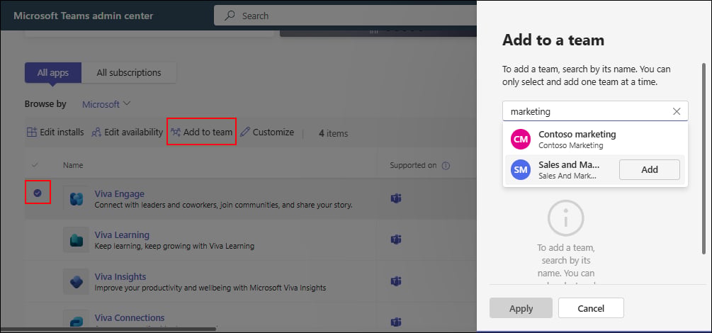 Add to team dialog in the Teams admin center
