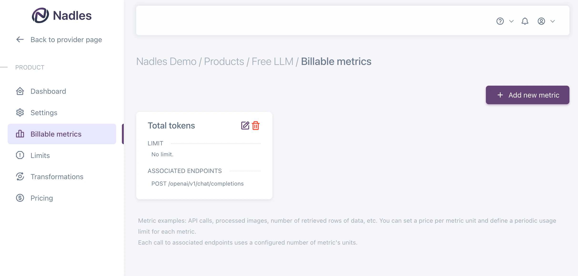 Billable metrics list for total tokens