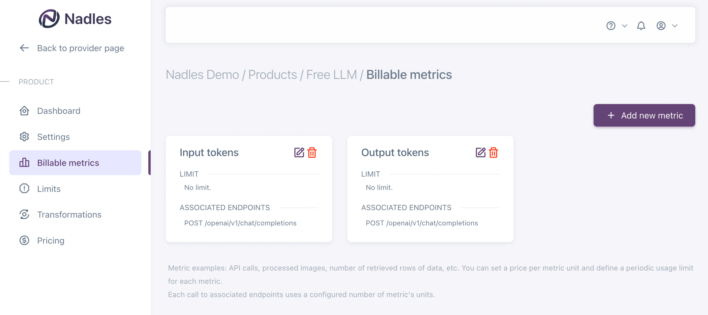 Billable metrics list