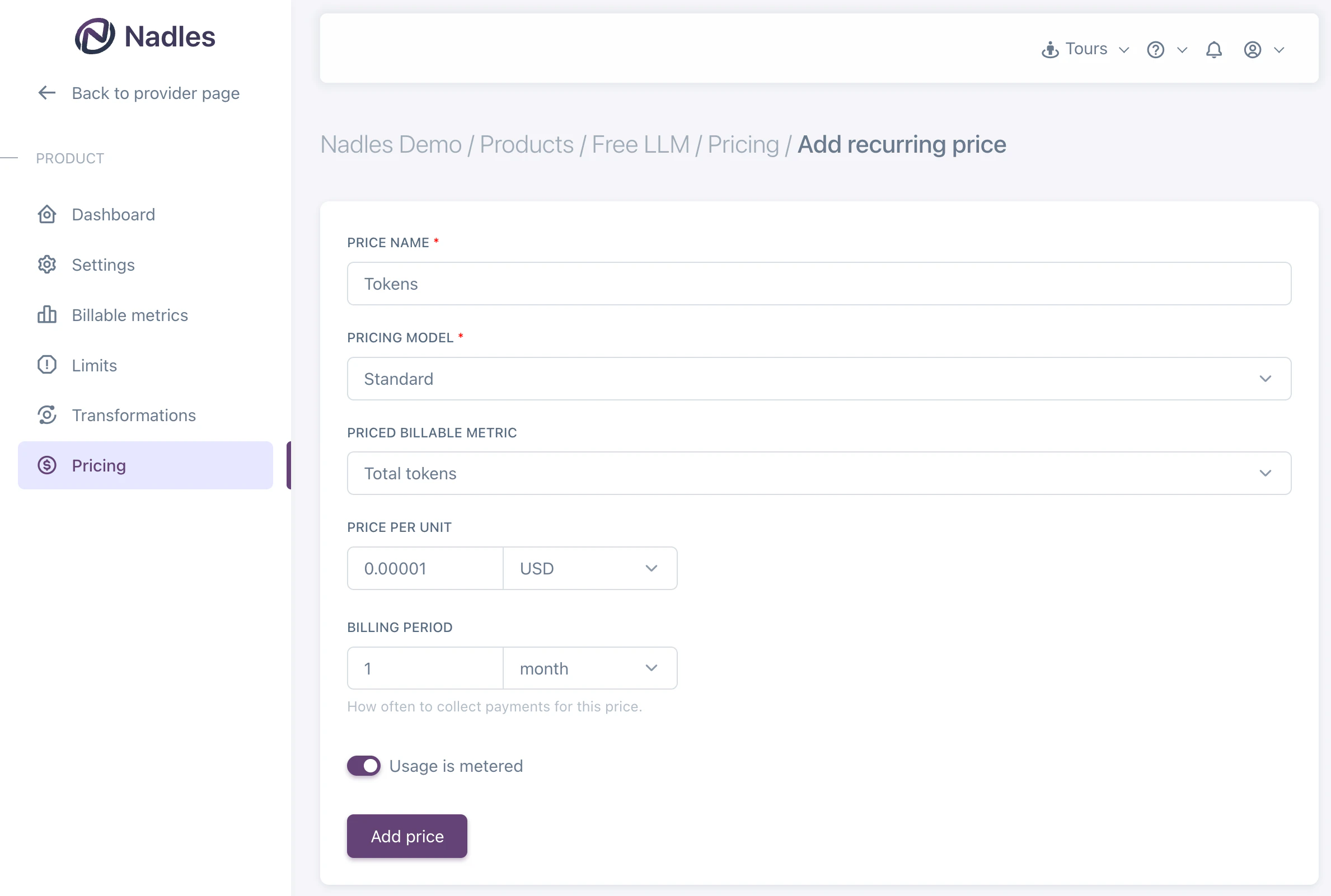 Billable metric prices