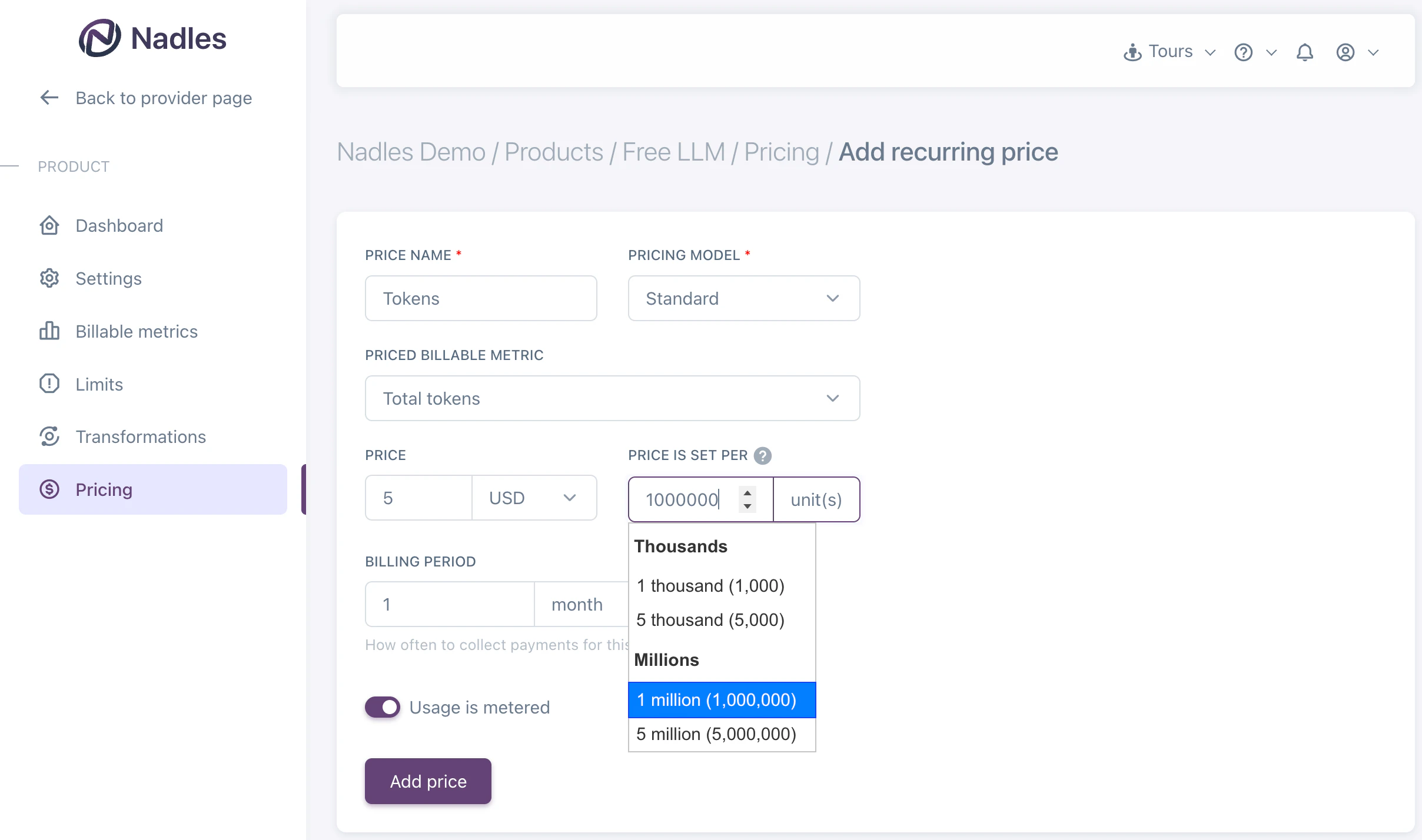 Billable metric prices