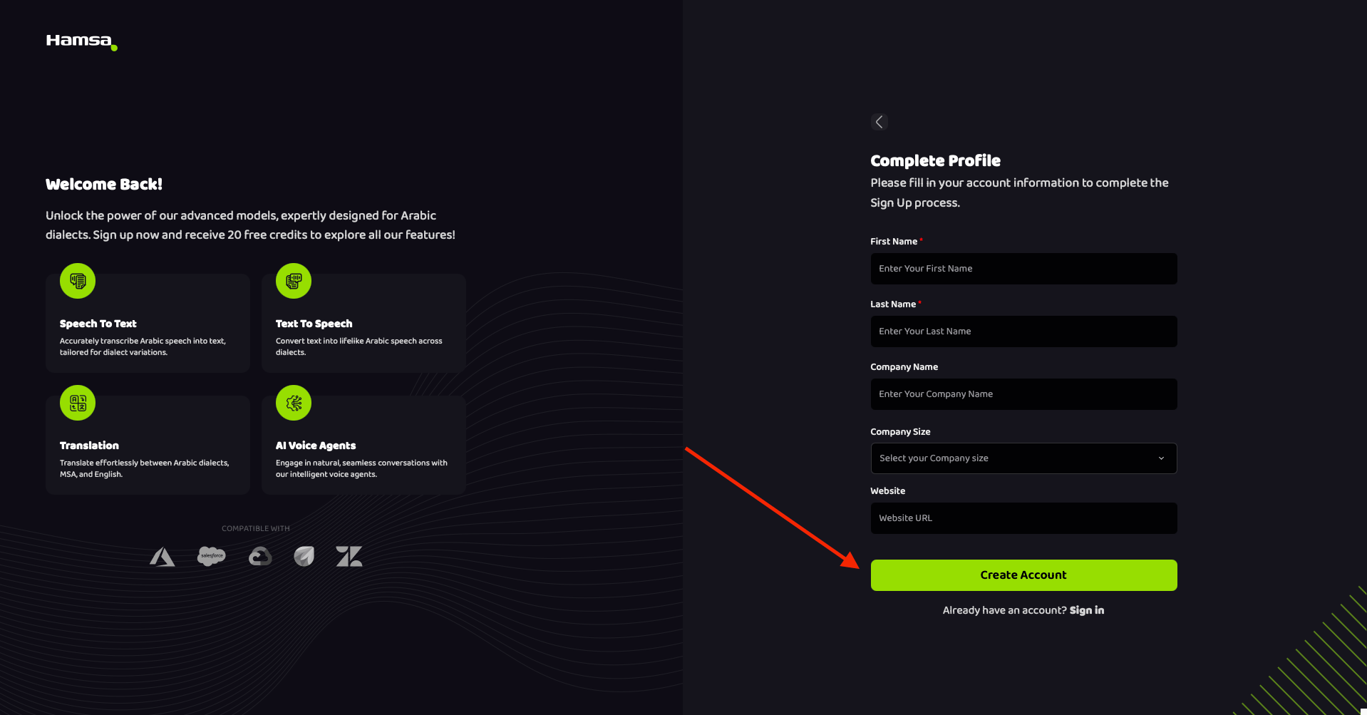 hamsa signup final component