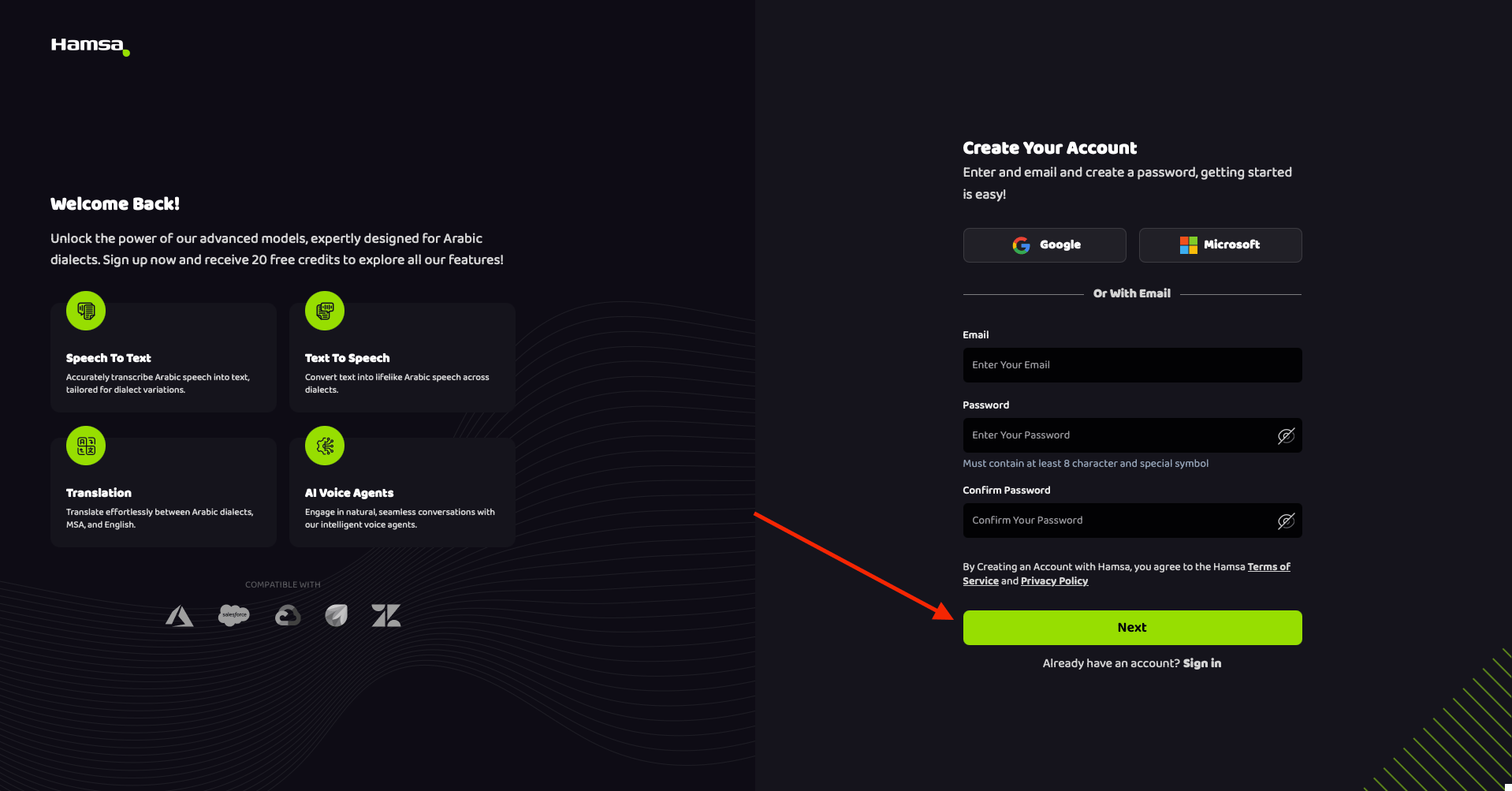 hamsa signup next component
