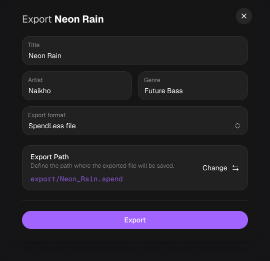 Export dialog showing metadata, archive format, export path and Export button