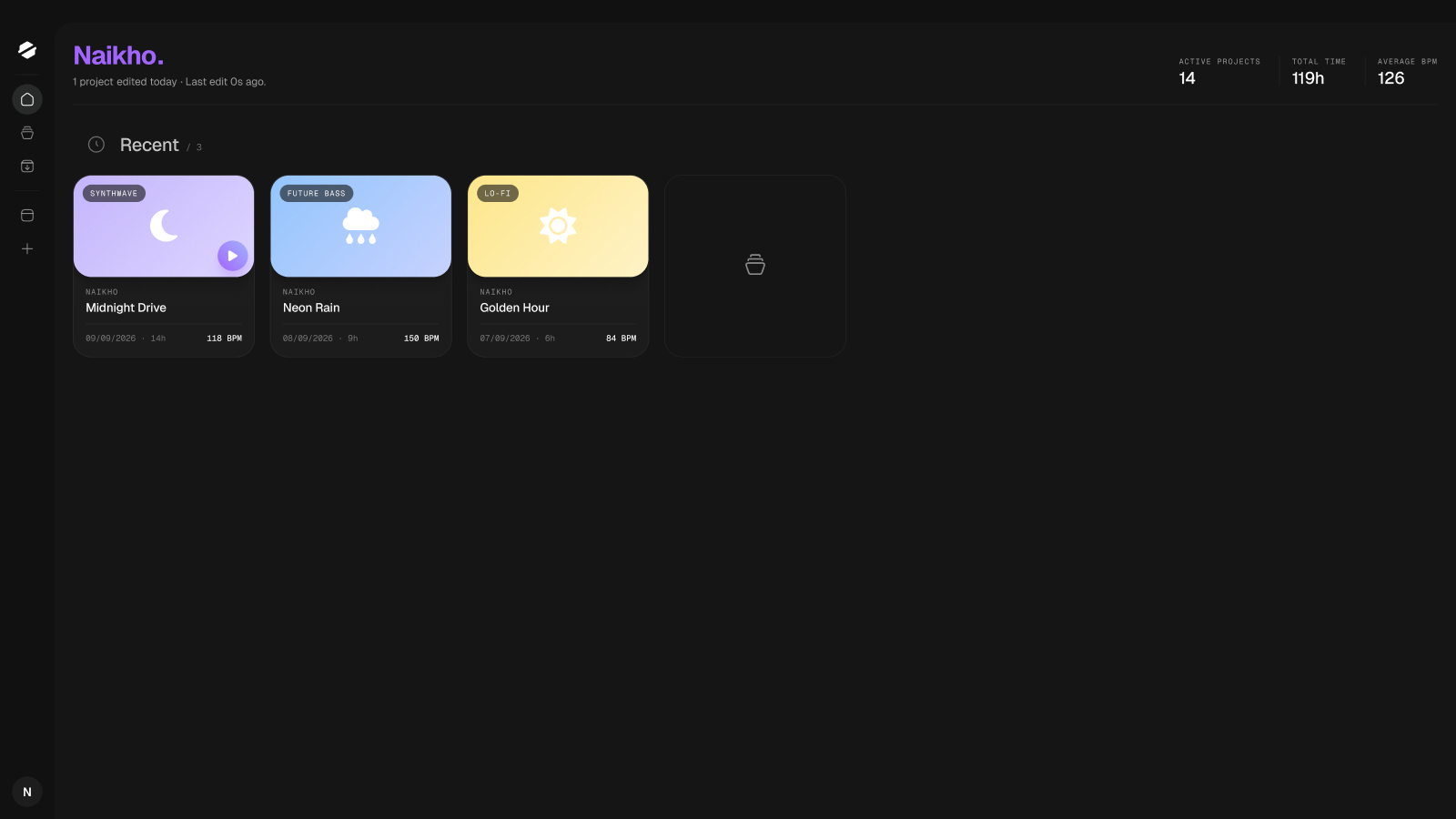 SpendLess Home with recent music projects, colors, icons and preview buttons