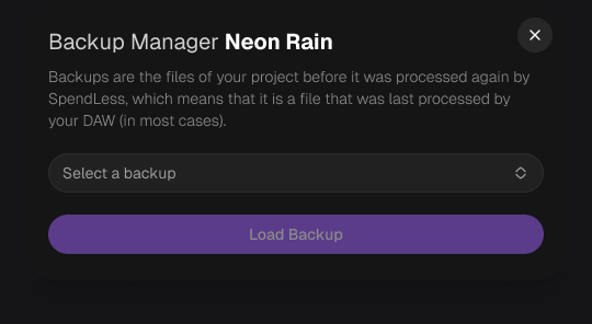 Backup Manager with a dated backup selector and Load Backup button