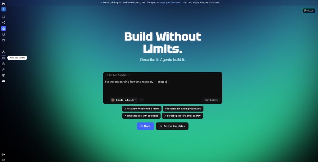 Home screen with the Plans and Credits menu item highlighted