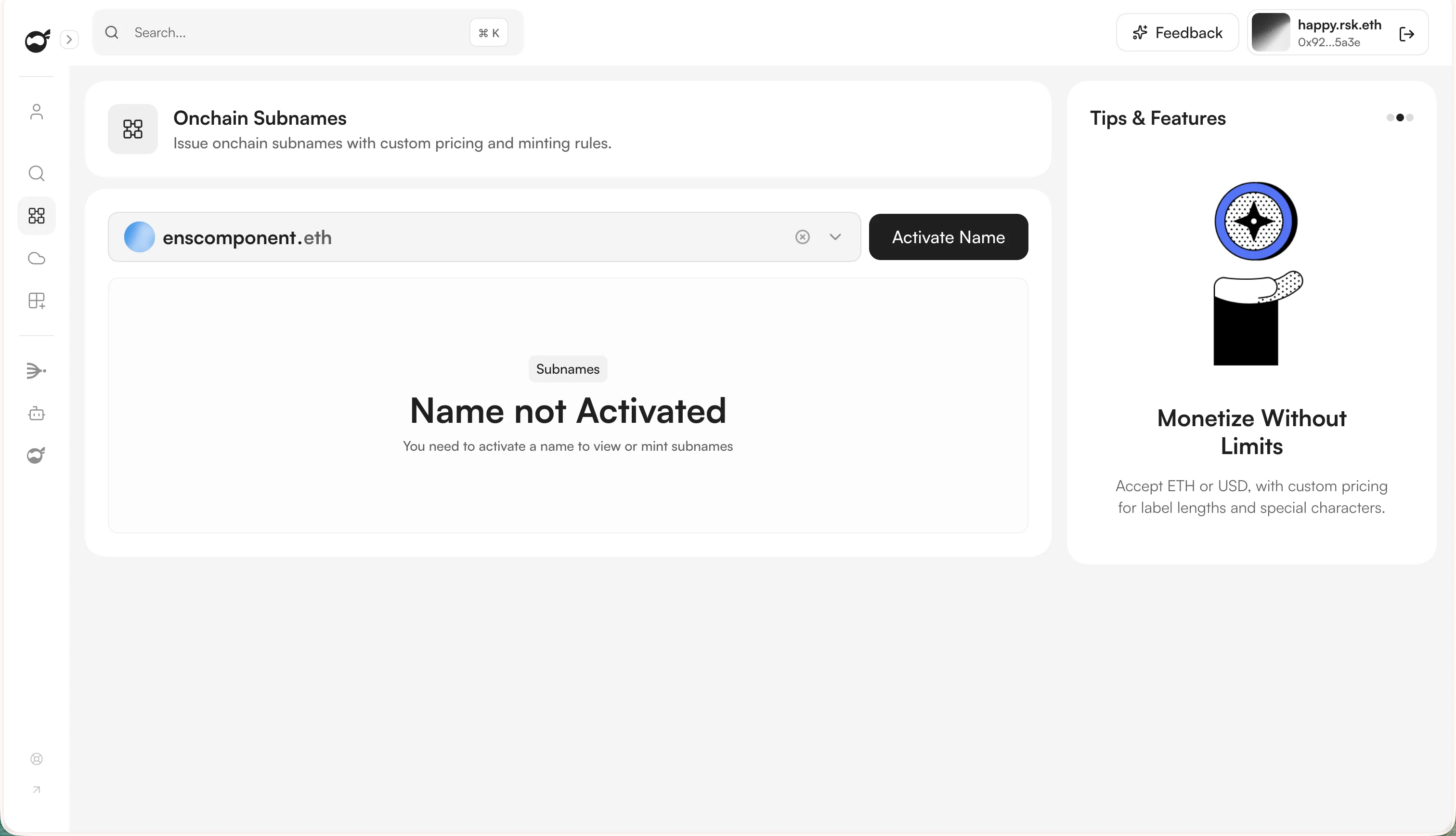 Onchain Subnames page with ENS name selected and Activate Name button