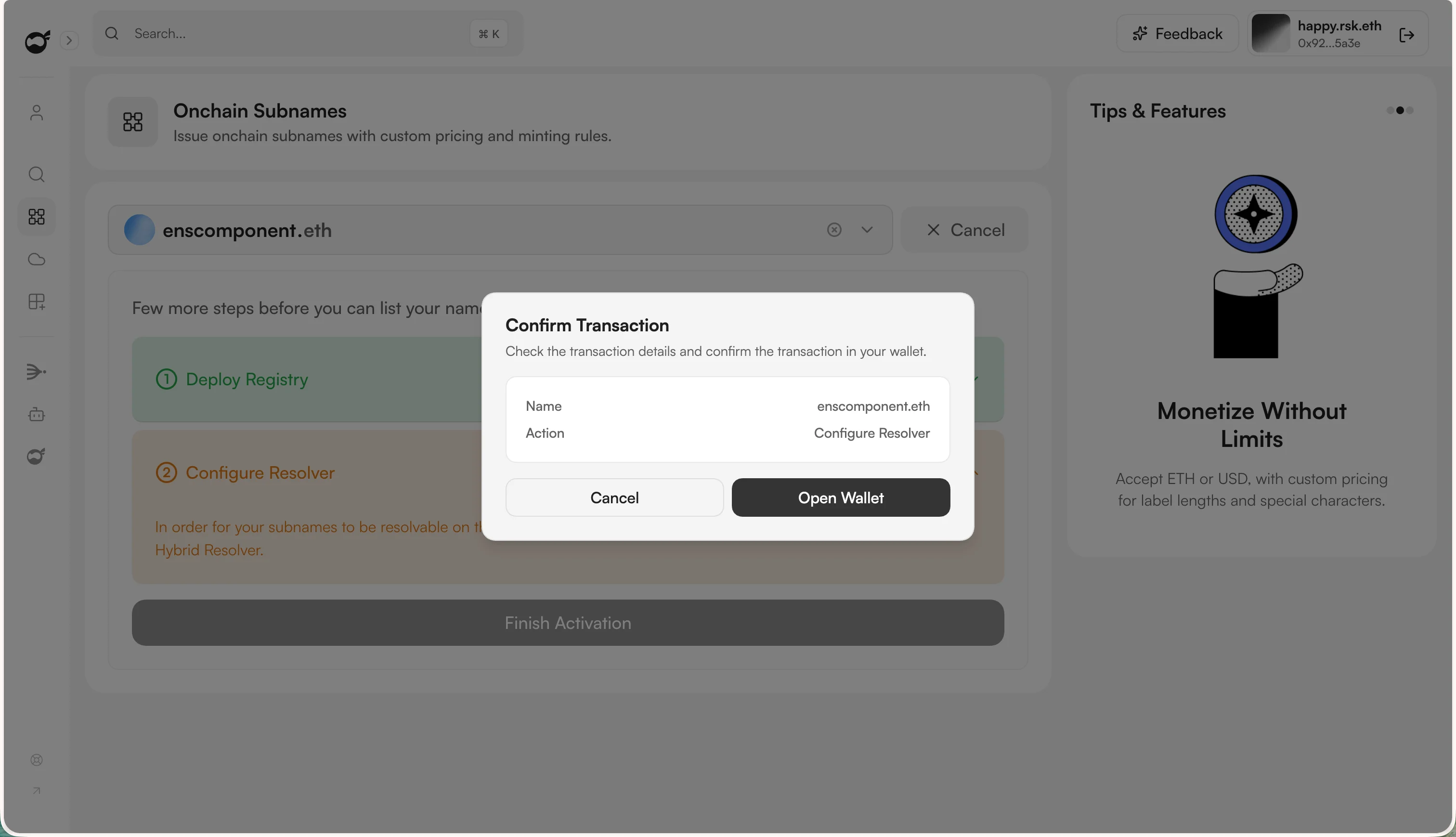 Configure Resolver — confirm transaction in wallet