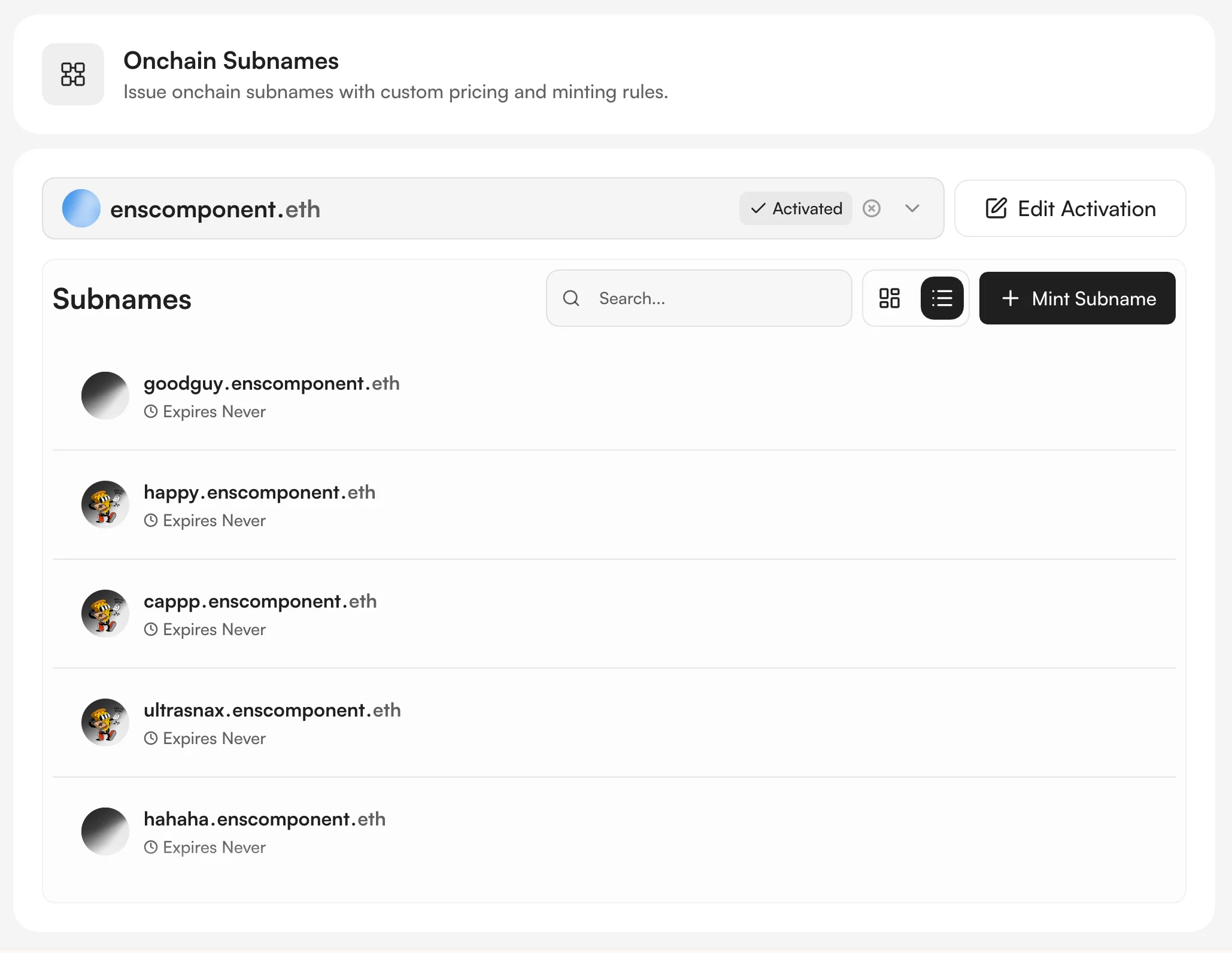 Activated ENS name with minted subnames listed