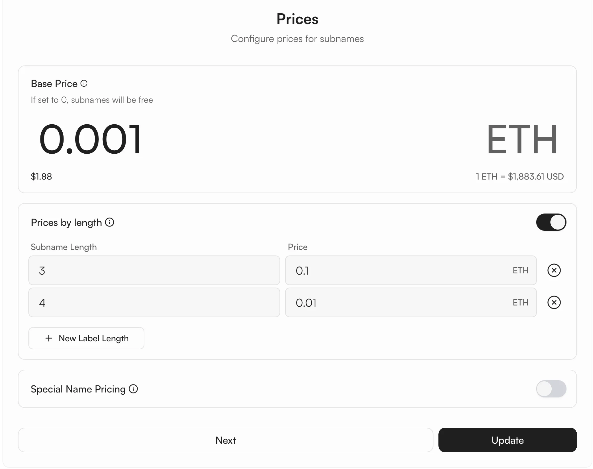 Prices tab — base price, length-based pricing, special name pricing