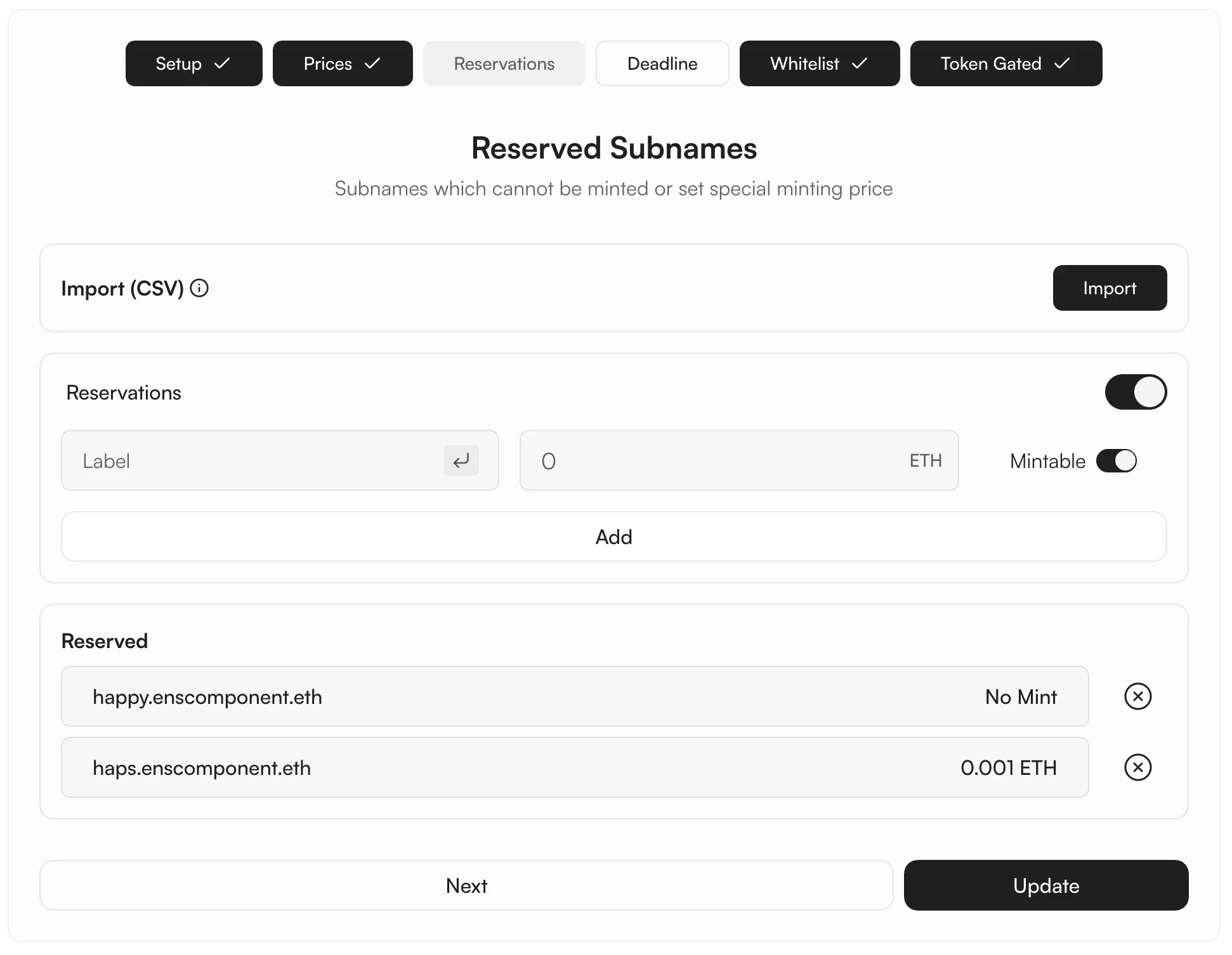 Reservations tab — reserve subnames with no-mint or special pricing