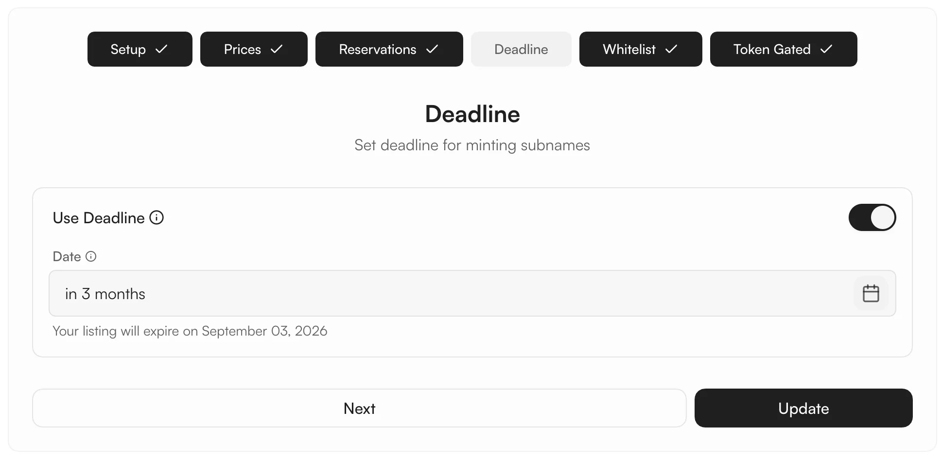 Deadline tab — set a minting expiry date