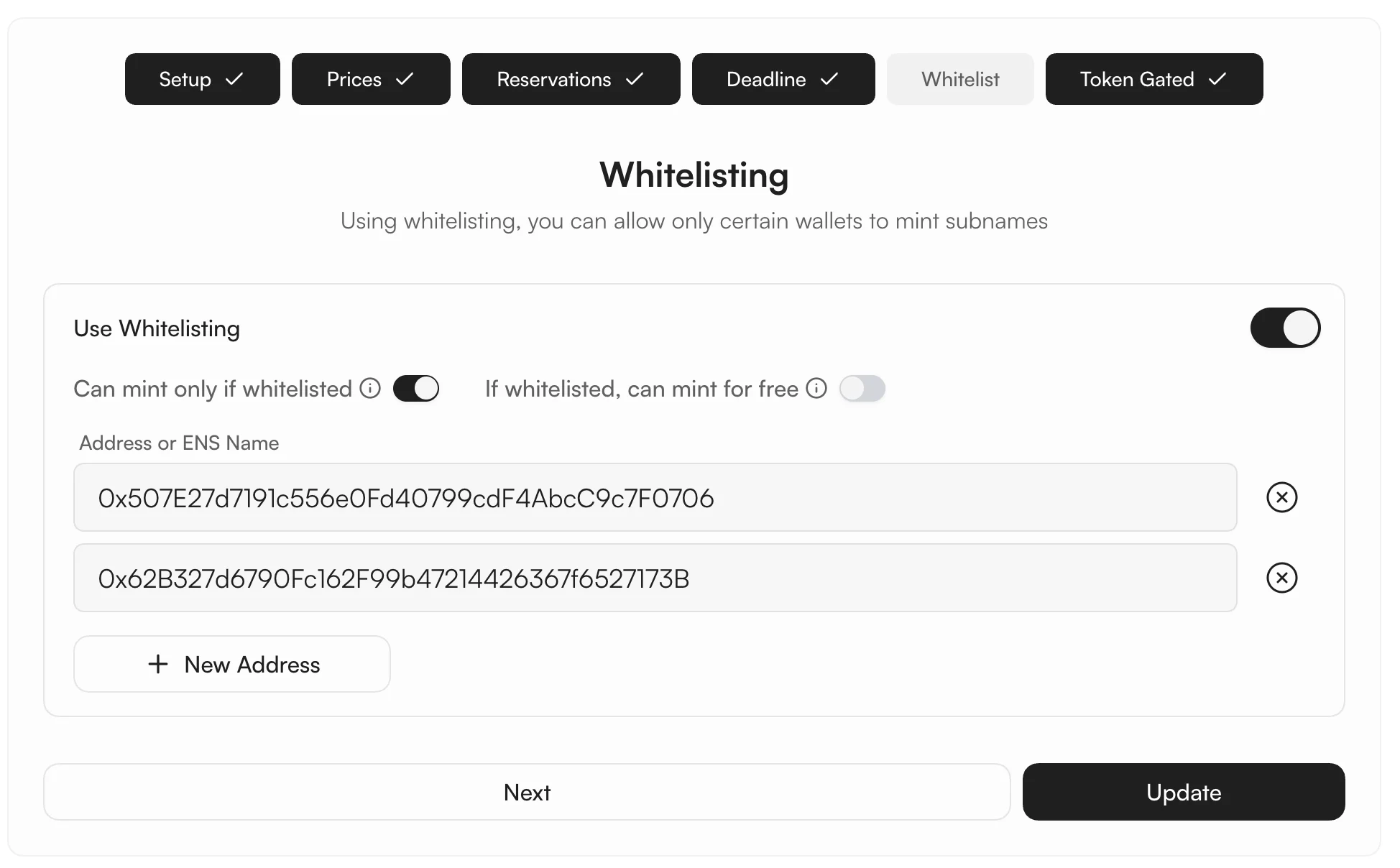 Whitelist tab — restrict minting or grant free mints to specific addresses