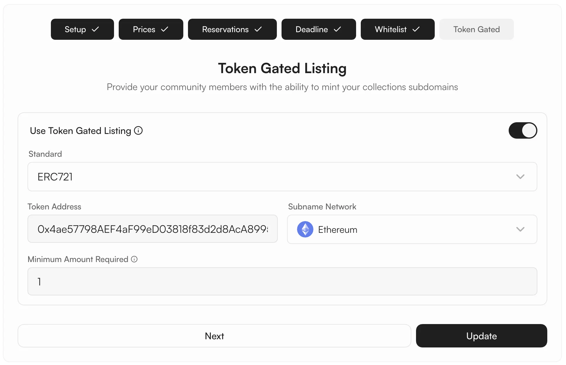 Token Gated tab — gate minting behind ERC-20 or ERC-721 holdings