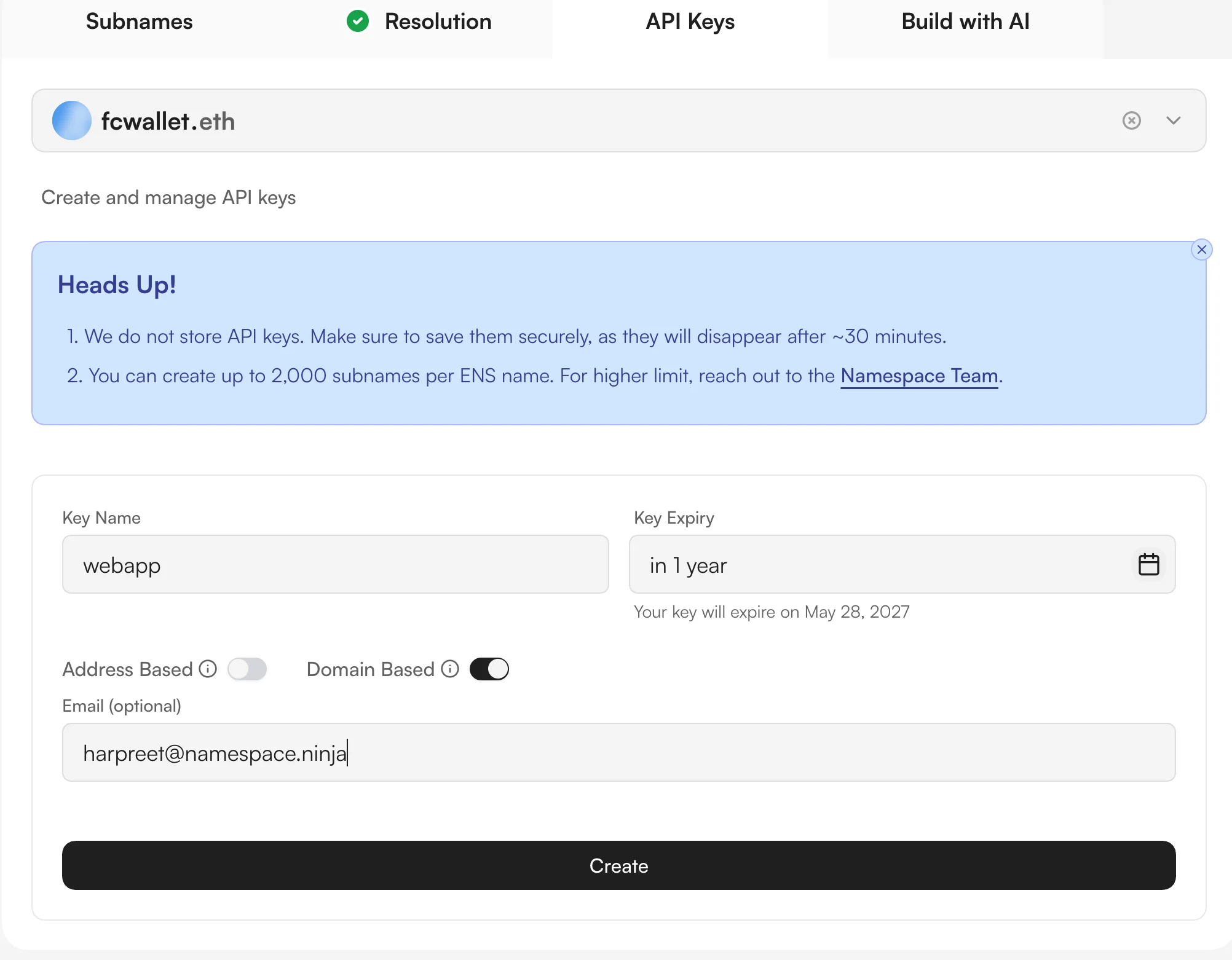 Screenshot of the API Key generation interface in the Namespace App
