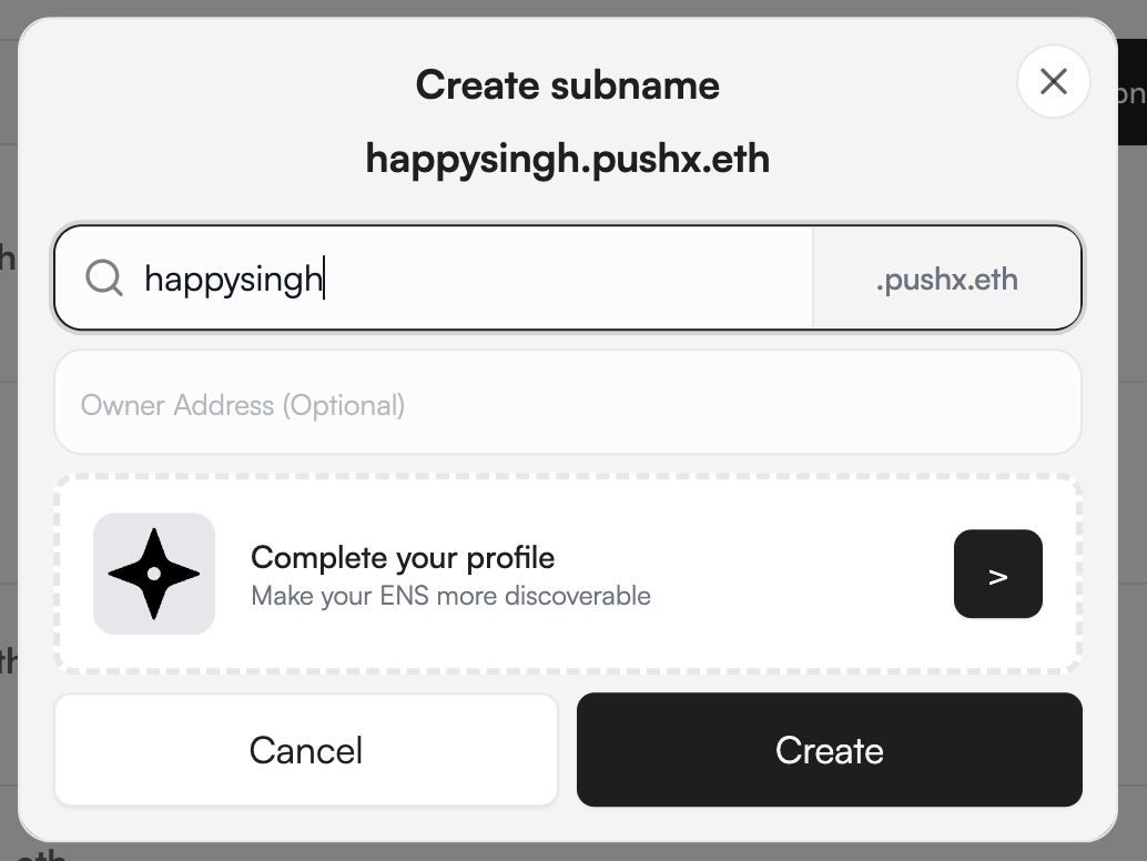 Subnames tab for a selected parent ENS name