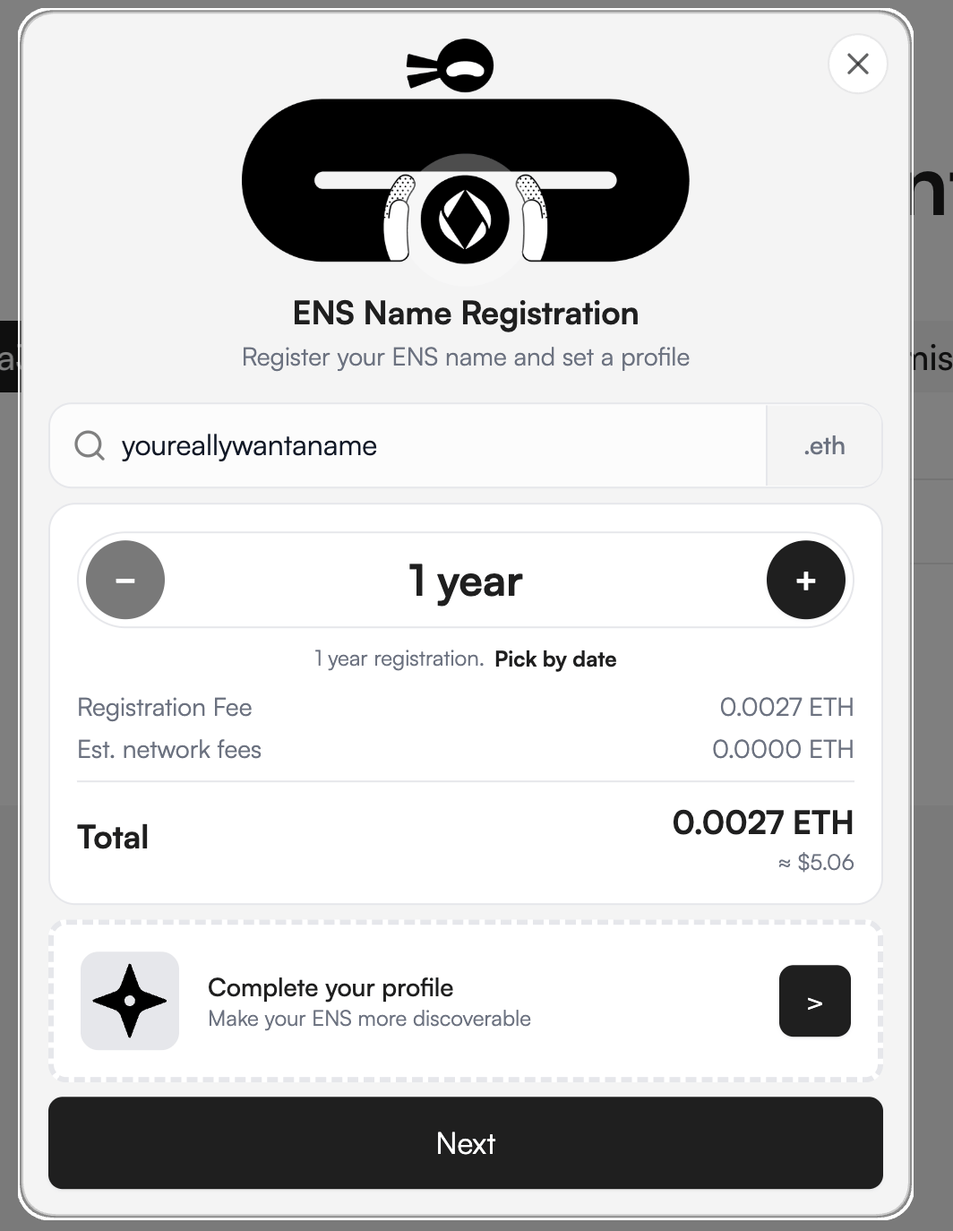 ENS Name Registration modal — period, fee, total