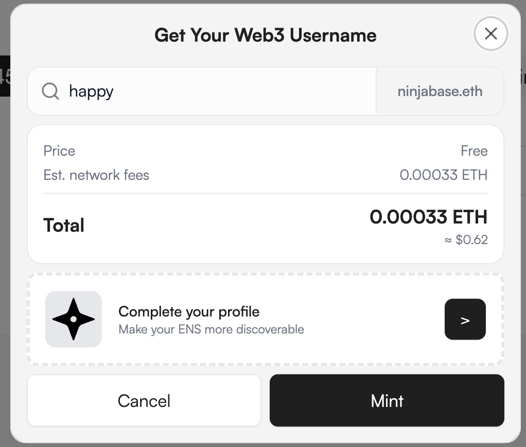 Get Your Web3 Username modal — subname registration