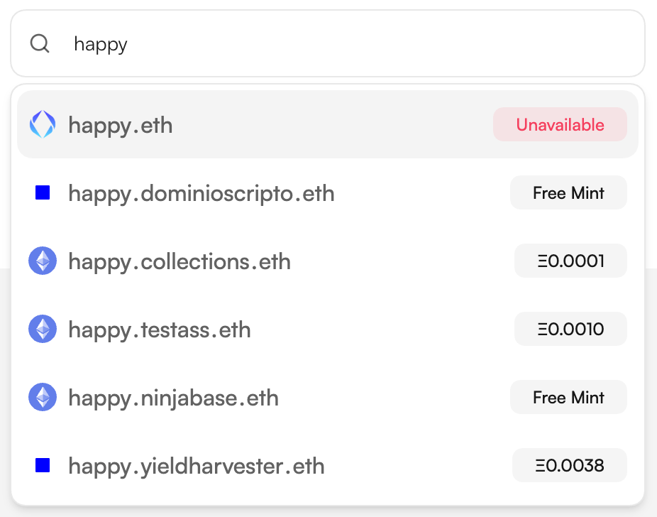 Search results for 'happy' — exact ENS name plus matching subnames with prices