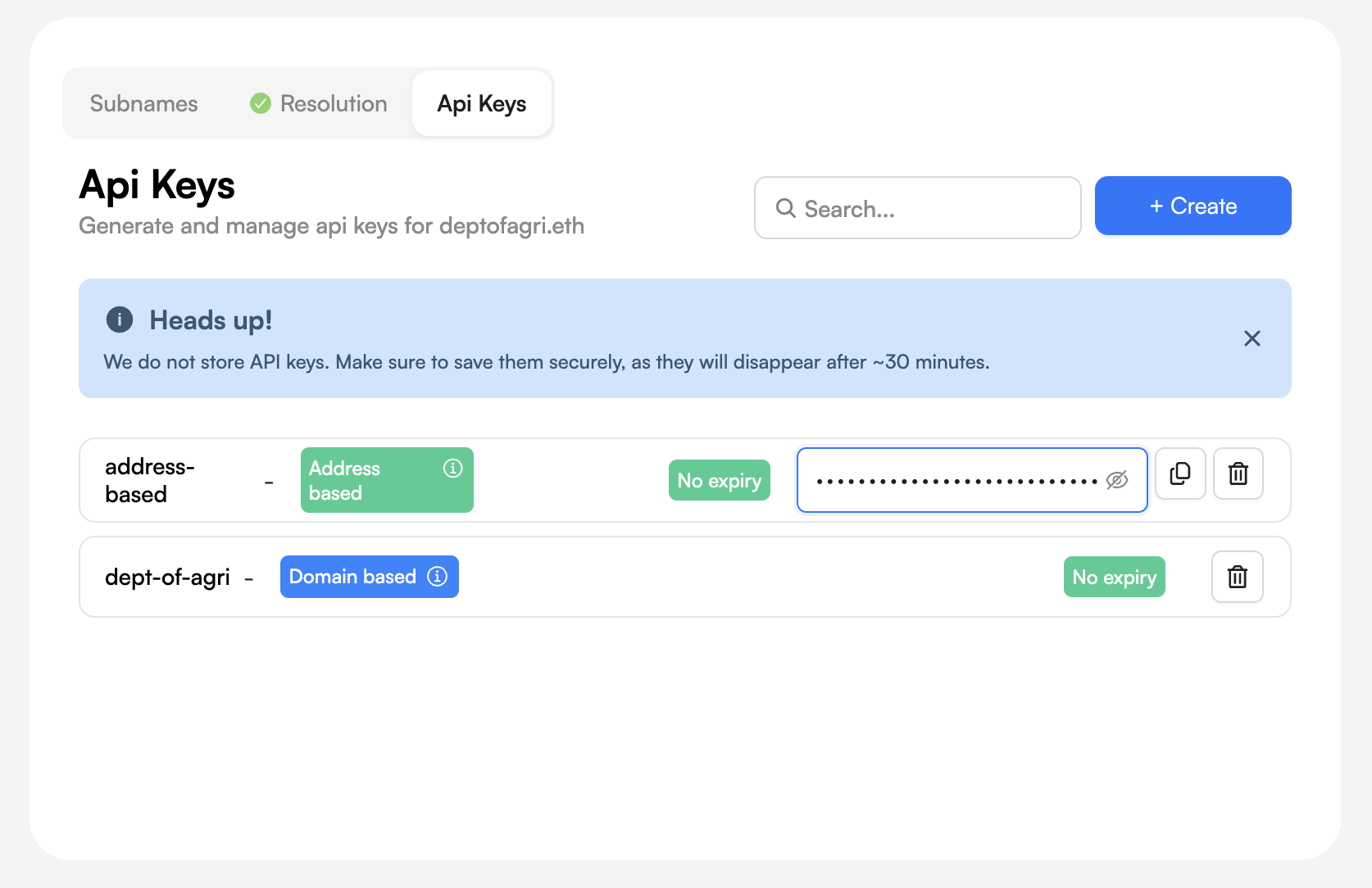 Screenshot of the API Key generation interface in the Namespace Dev Portal