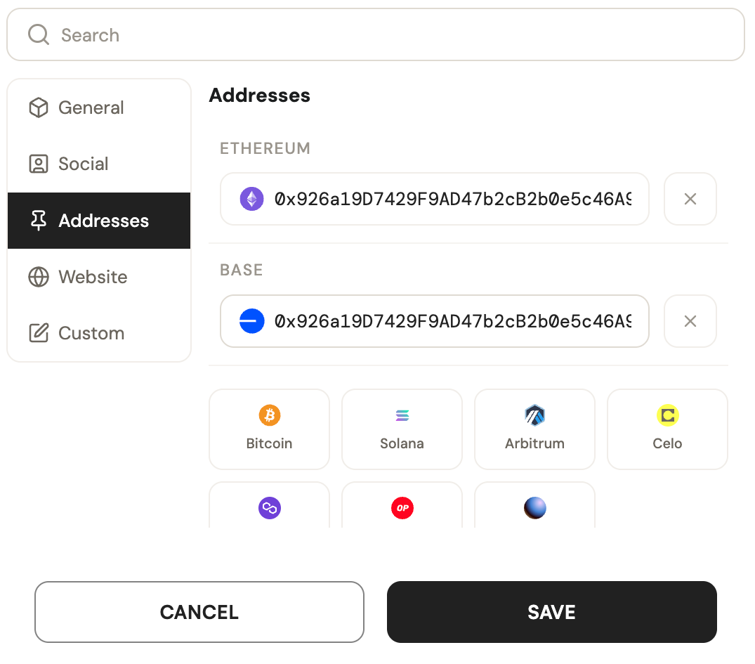 Addresses editor with Ethereum and Base records, additional chain options, and the Save button