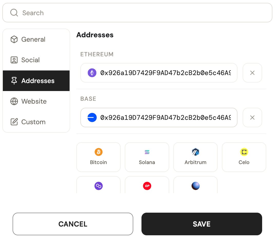 Addresses editor with Ethereum and Base records, additional chain options, and the Save button