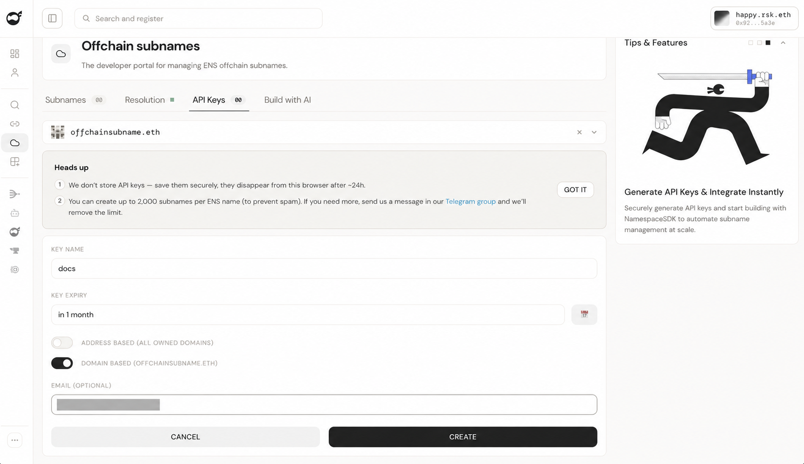 Complete API key screen with key name, expiry, scope options, optional email field, and Create and Cancel buttons