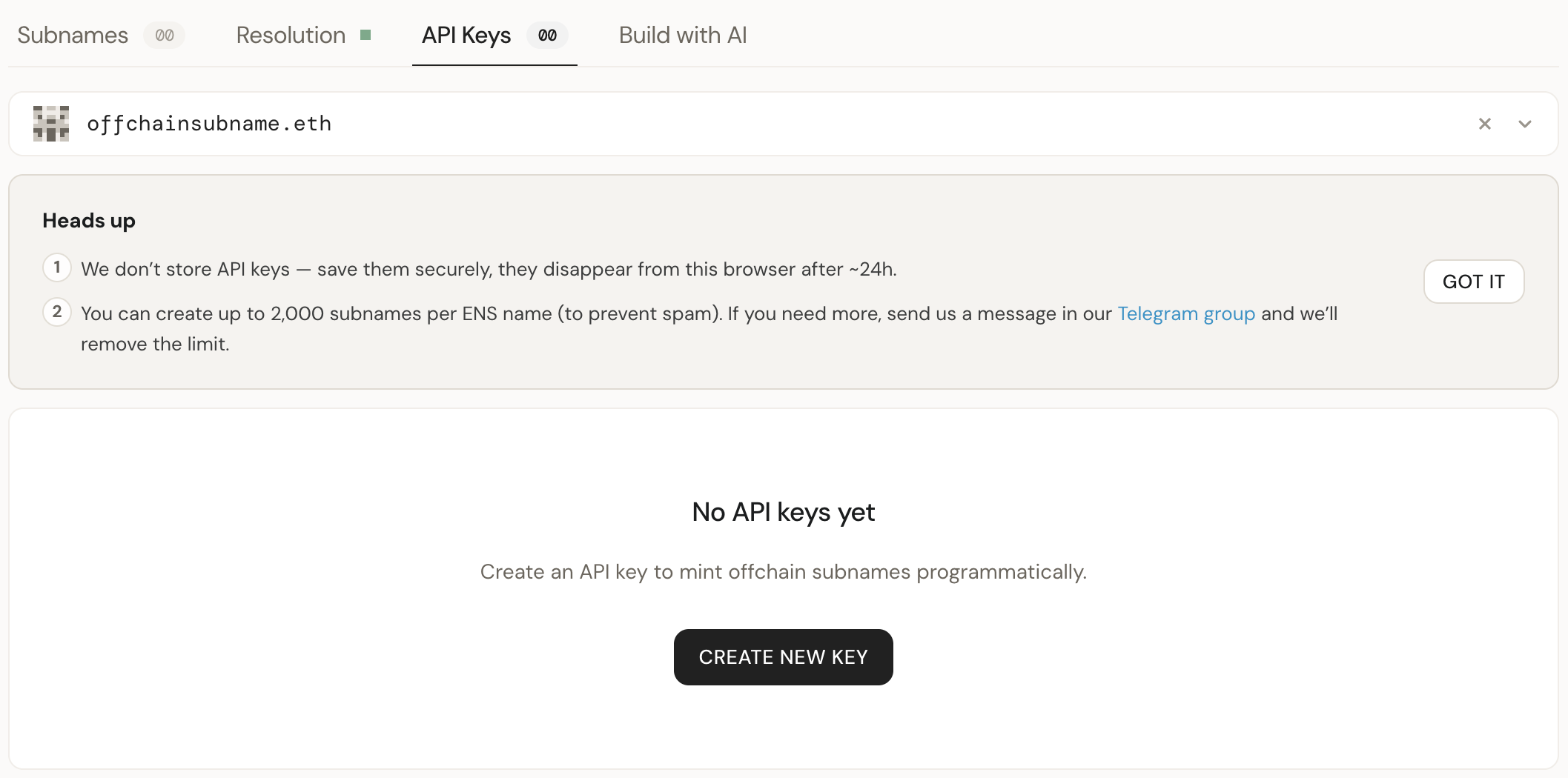 API Keys tab with the Create new key button and a reminder to save keys securely
