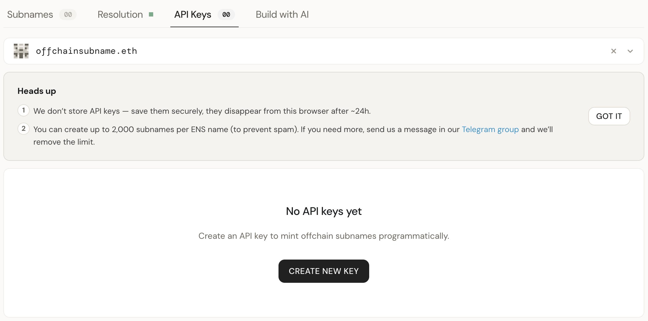 API Keys tab with the Create new key button and a reminder to save keys securely